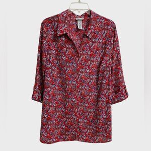 Catherines Button Up Floral Top Women's Size 0X 3/4 Sleeve Red Artsy Boho Office